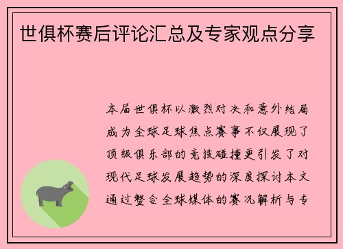 世俱杯赛后评论汇总及专家观点分享