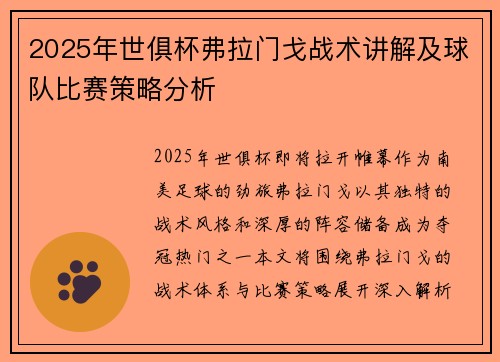 2025年世俱杯弗拉门戈战术讲解及球队比赛策略分析